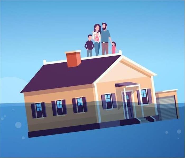 Family on roof of house in a flood